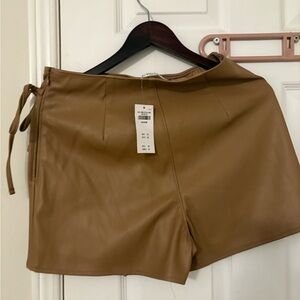 Women's Faux Leather Tie-Side Shorts - Brown